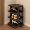 A dark gray stackable vertical shoe rack holding various pairs of shoes.