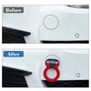 Before and after comparison showing a sporty trailer hook decorative accent installed on a white car
