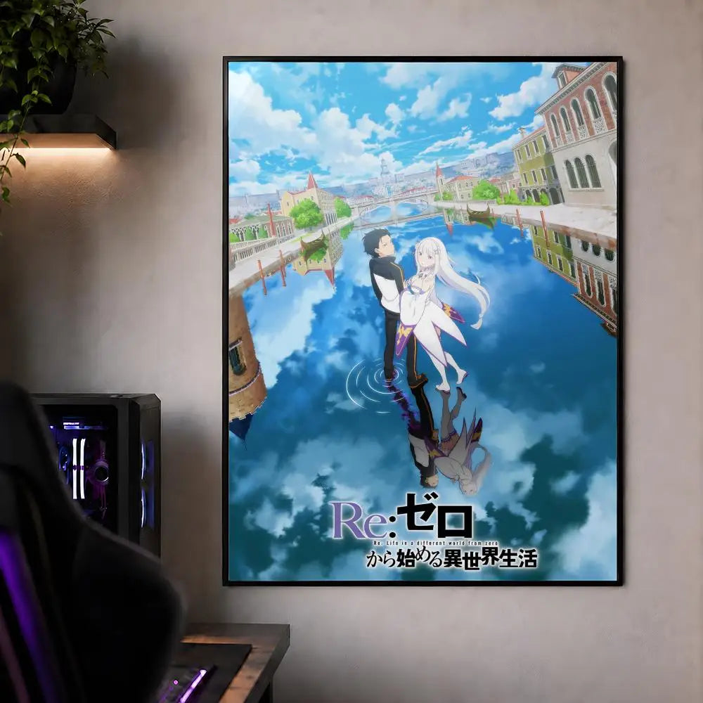 A vertical poster featuring characters from Re:Zero in a scenic landscape with blue water and clouds.