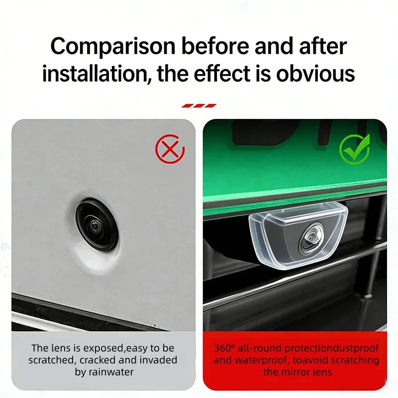 Comparison showing a car camera lens before and after installation, highlighting its protection against scratching and water 
