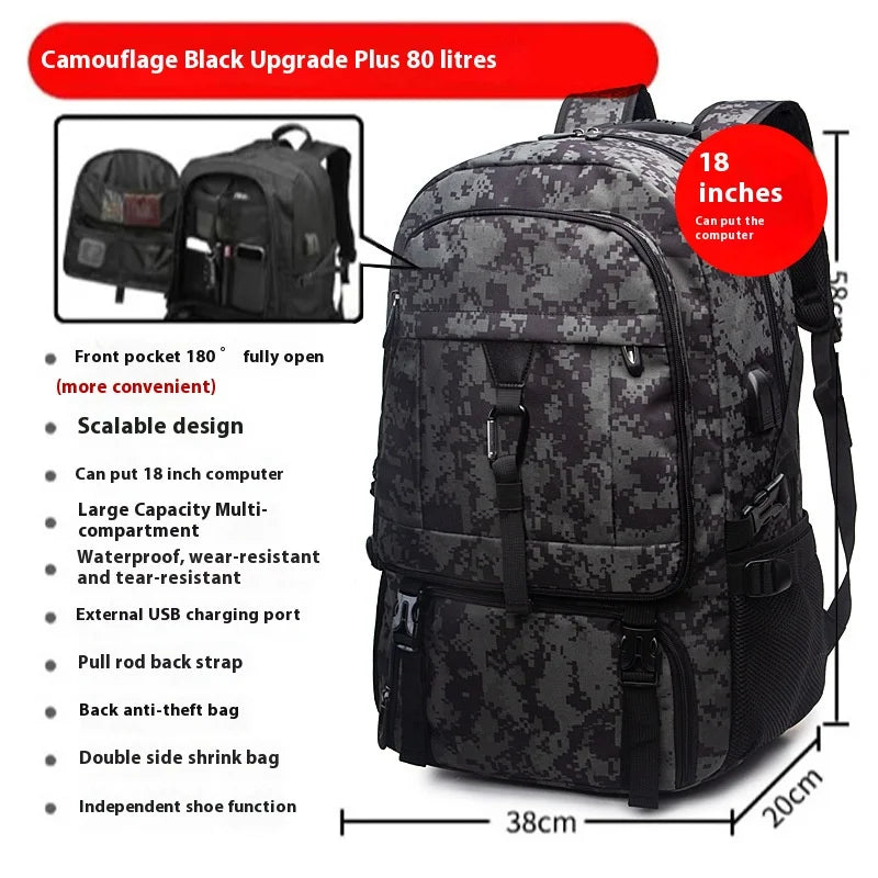 Black camouflage upgrade plus backpack with front pocket, USB port, and shoe function.