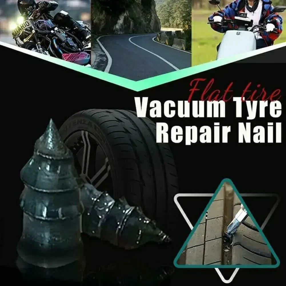 Flat tire vacuum tyre repair nail kit showing a tire and a nail used for repair