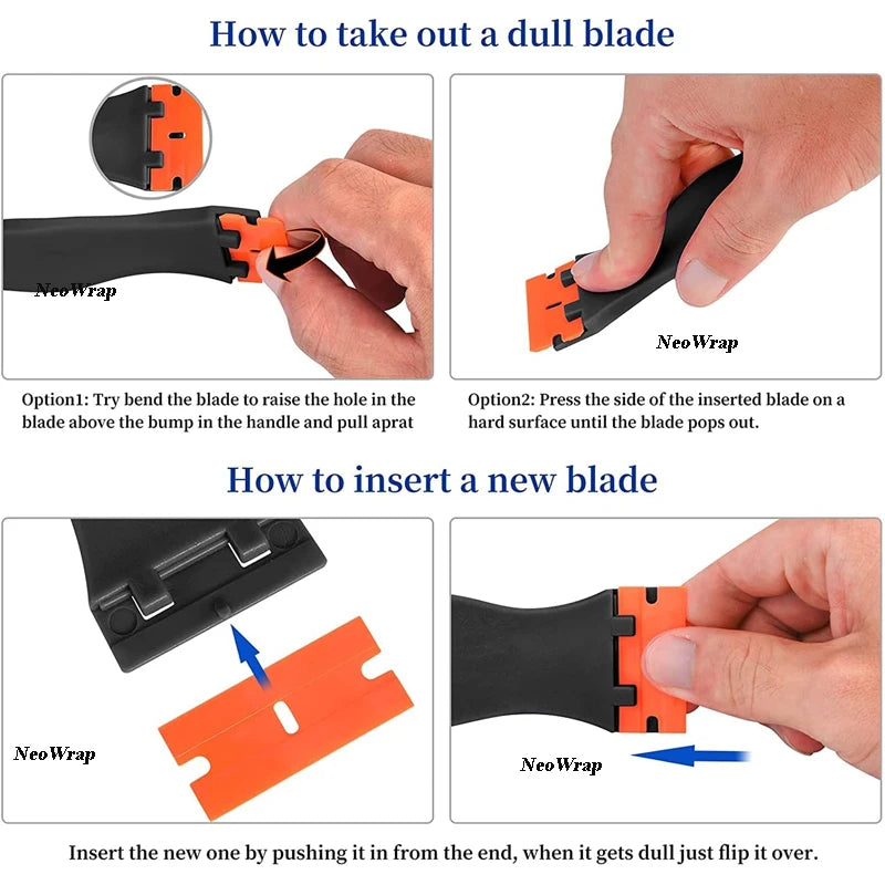 Instructions showing how to take out a dull blade and insert a new blade for a plastic razor blade scraper tool