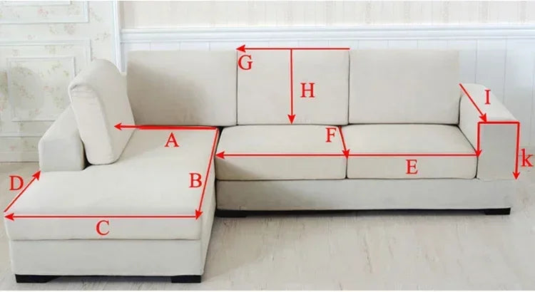Diagramm, das die Maße eines Plüschkaninchen-Sofakissen mit gekennzeichneten Teilen A bis K zeigt.