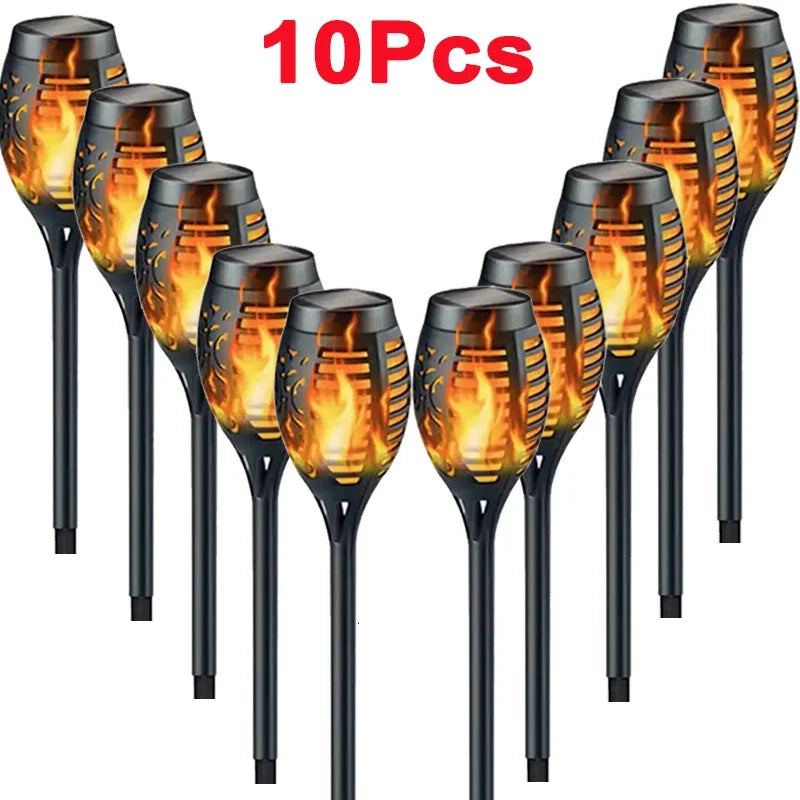 Ten black solar flame torch lights displayed against a white background.