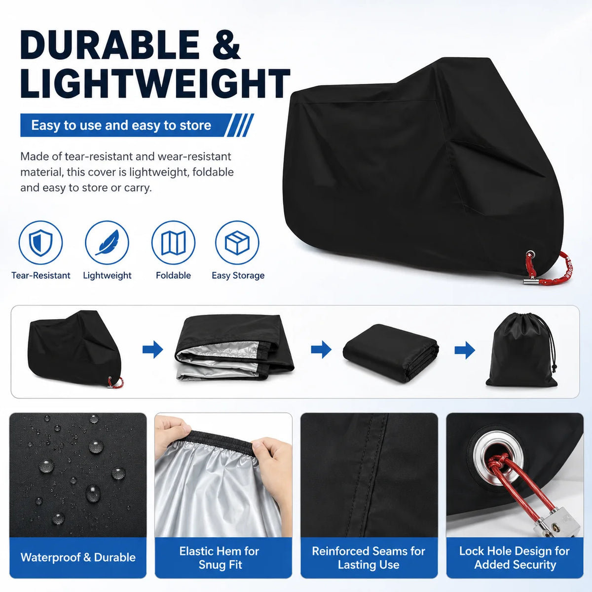 Black waterproof motorcycle cover with elastic hem and lock hole for added security