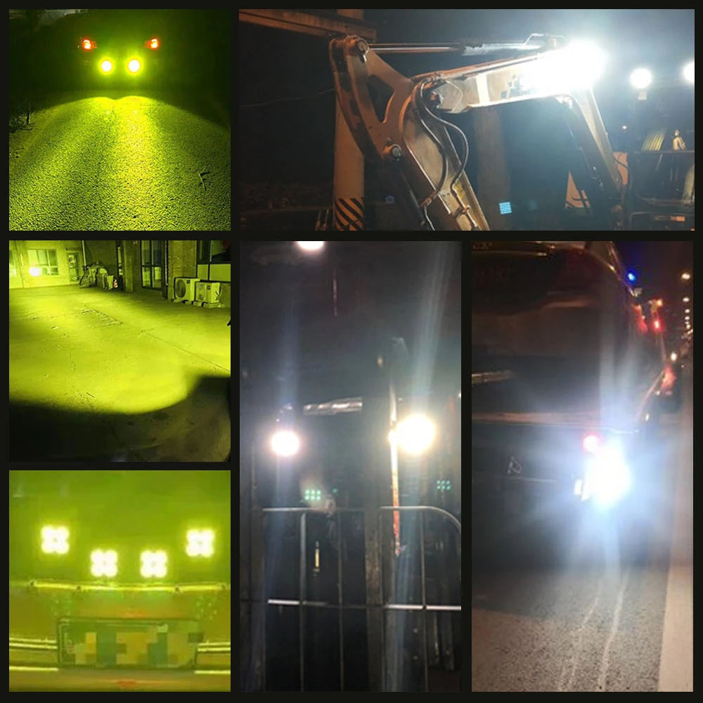 A collage showing various bright LED spot lights illuminating a vehicle and an off-road environment.