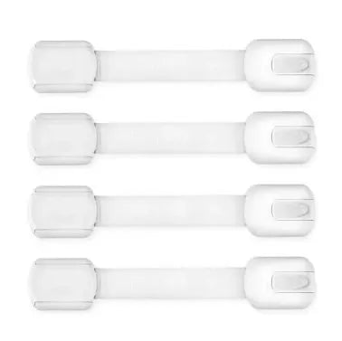 White adjustable baby safety locks for cabinets, drawers, and fridge
