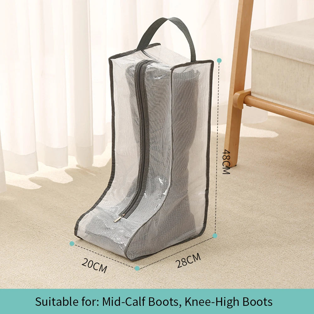 A clear mesh waterproof boot storage bag with a handle shown next to a wooden furniture piece.