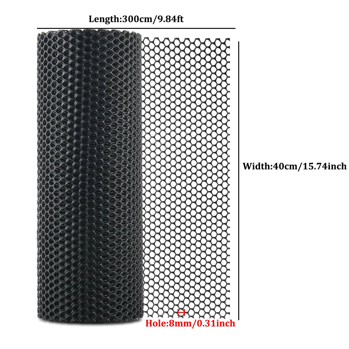 Black flexible plastic wire mesh with 8mm holes, measuring 300cm long and 40cm wide.