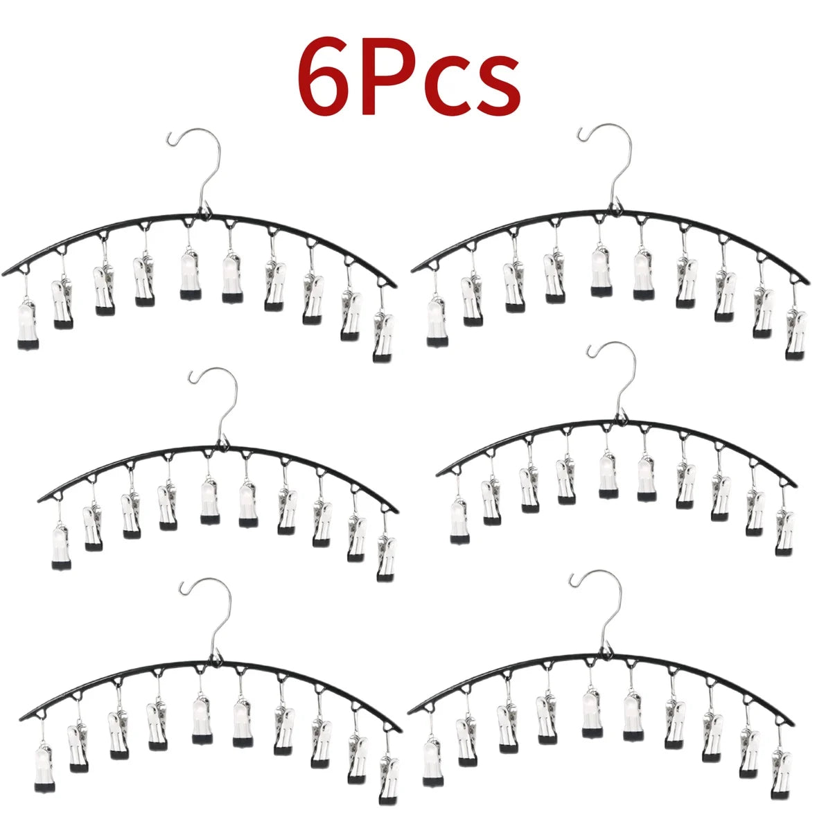 Six packs of metal pant hangers with individual clips for clothing organization