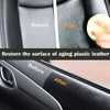 Before and after comparison showing the restoration of aging plastic leather surfaces on a car interior