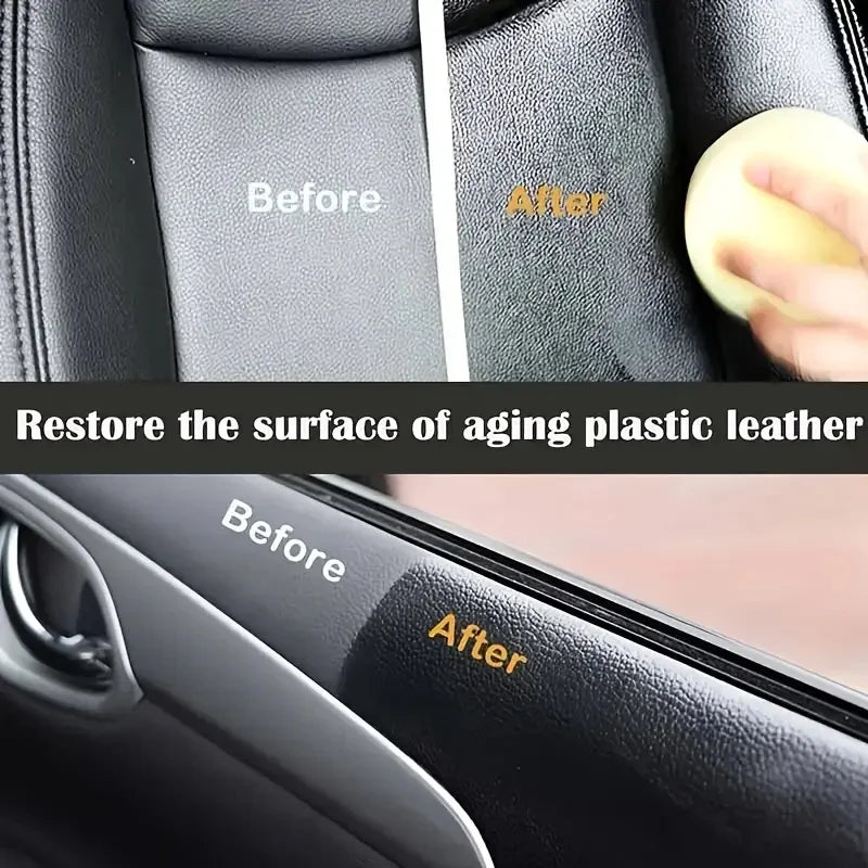 Before and after comparison showing the restoration of aging plastic leather surfaces on a car interior