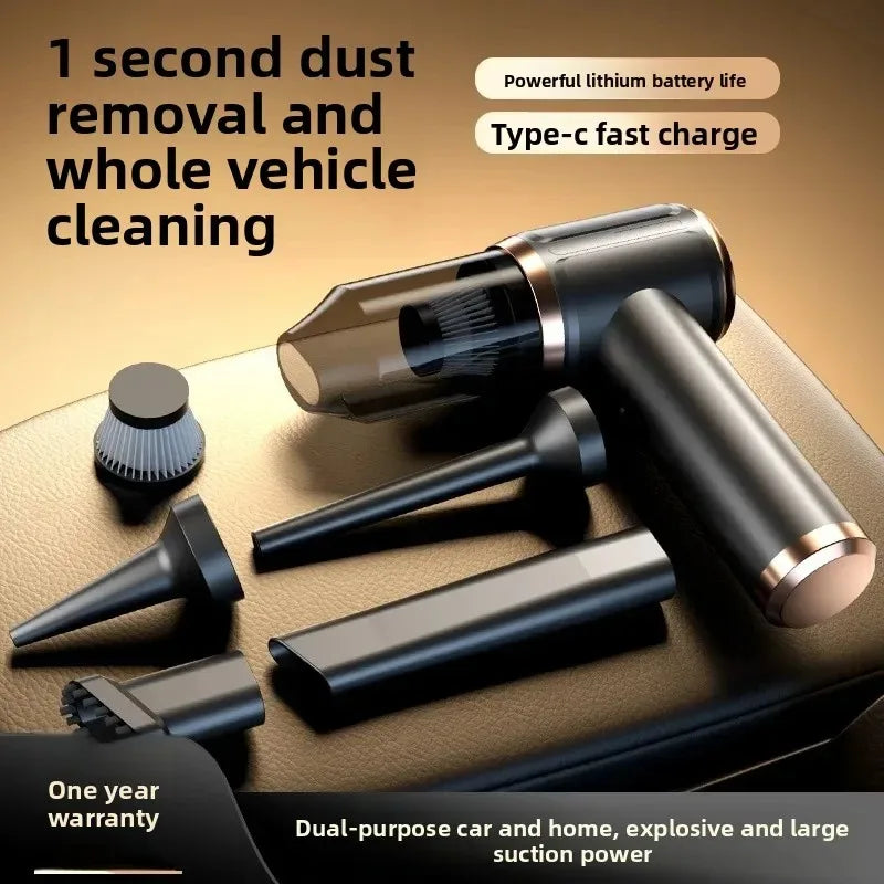 A handheld vacuum cleaner with a detachable brush and various nozzles is shown on a surface.
