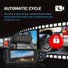 A black dashcam device is shown, featuring a front lens and storage capability, with a car interior in the background.