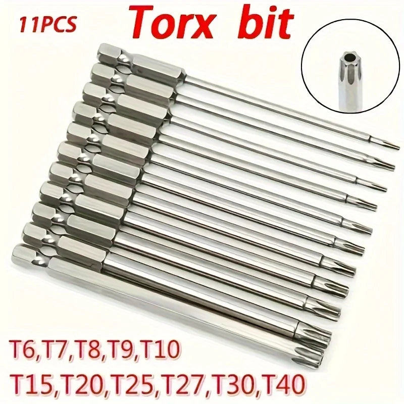 11-Piece Precision Torx Bit Set - S2 Alloy Steel, T6-T40, Long Reach