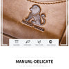 Close-up of a tan leather crossbody bag showing stitching, hardware, and details like breathable lining.