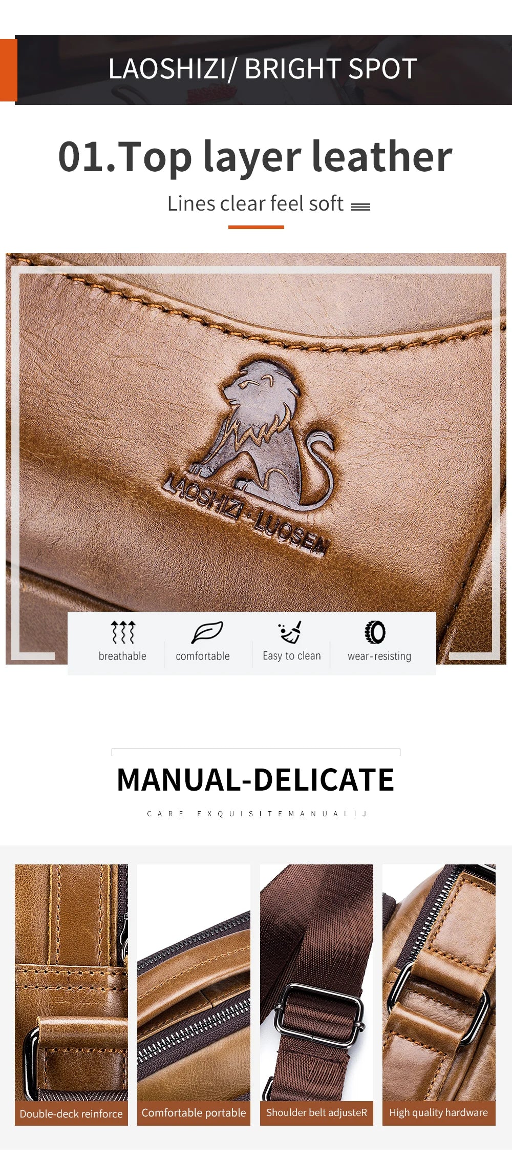 Close-up of a tan leather crossbody bag showing stitching, hardware, and details like breathable lining.