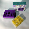A box and components of the Time Puzzle board game featuring a purple puzzle board and yellow matching pieces.