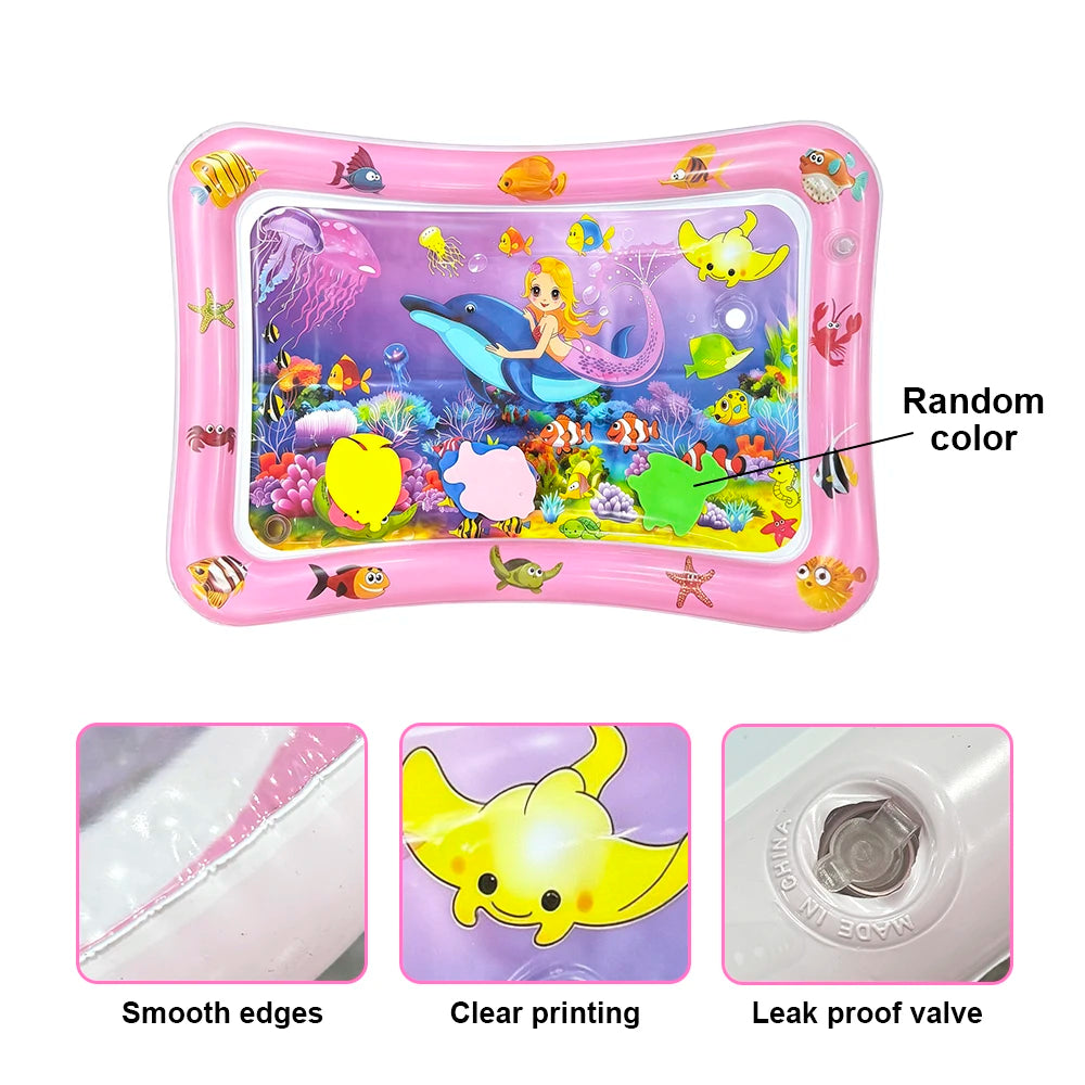 Pink inflatable ocean-themed water play mat for baby sensory development showing smooth edges, clear printing, and a leak pro