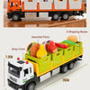 A yellow and orange diecast metal transport truck model loaded with assorted fruit and vegetable boxes.