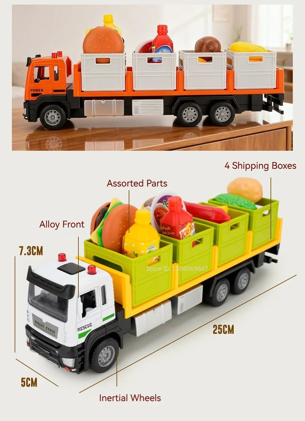 A yellow and orange diecast metal transport truck model loaded with assorted fruit and vegetable boxes.