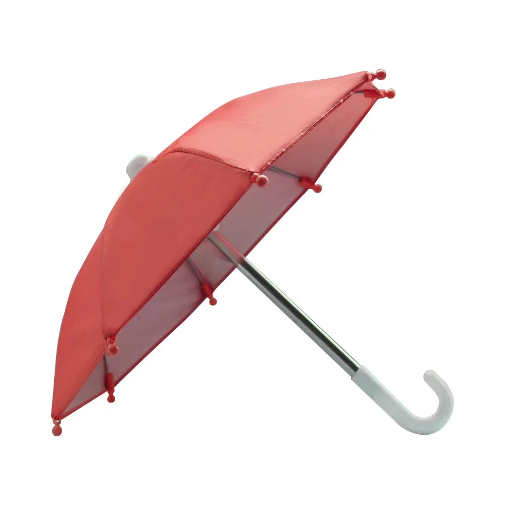 A bright coral red mini motorcycle phone umbrella with a silver handle and UV protection mesh.