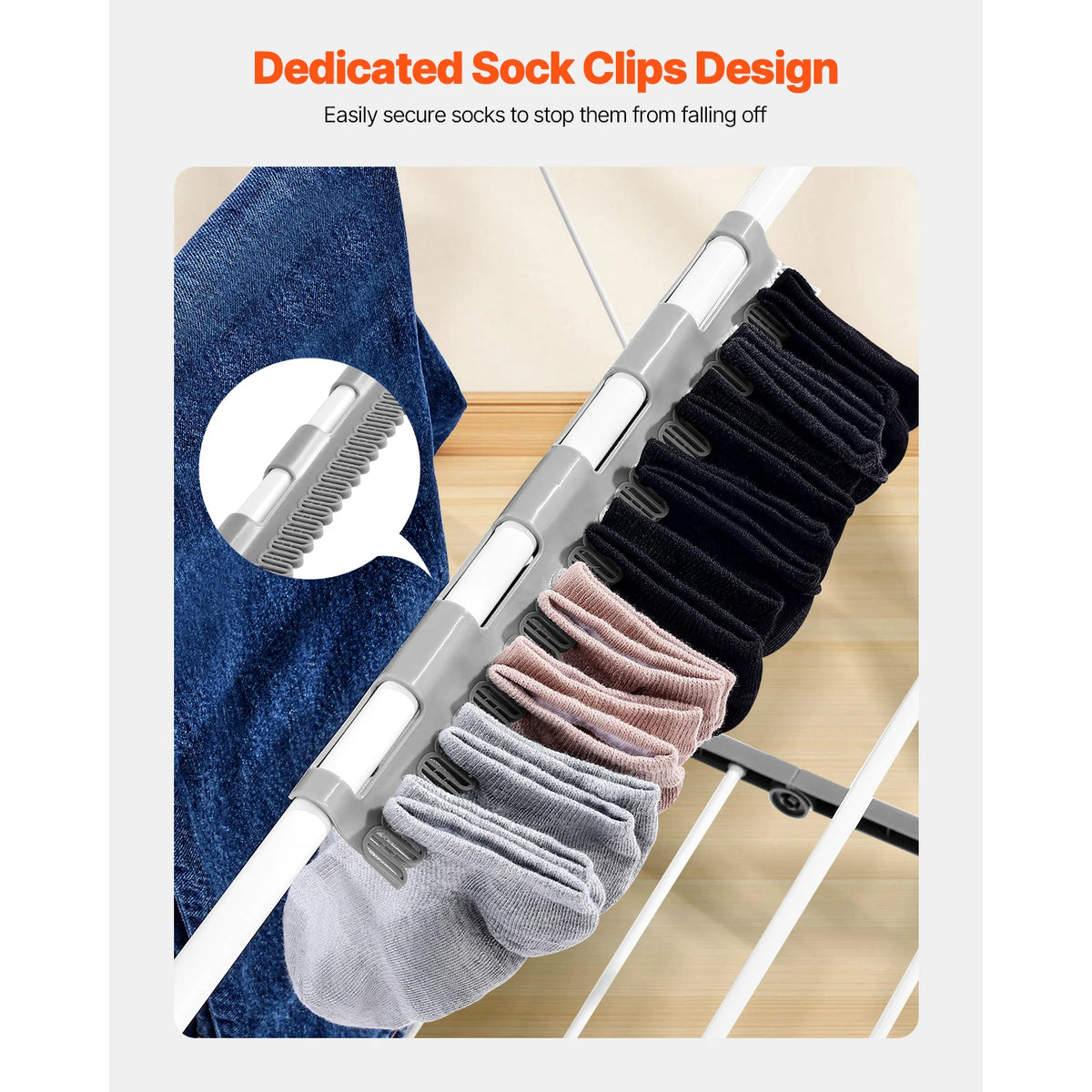 Adjustable Rollable Clothes Drying Rack with Sock Clips