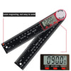 A digital angle ruler with a laser engraving feature and a temperature display shown next to a ruler.