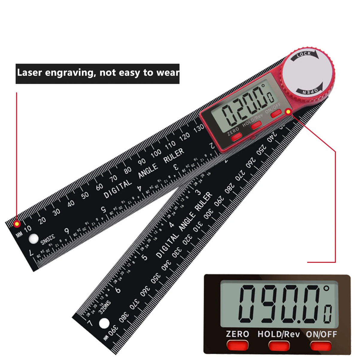 A digital angle ruler with a laser engraving feature and a temperature display shown next to a ruler.