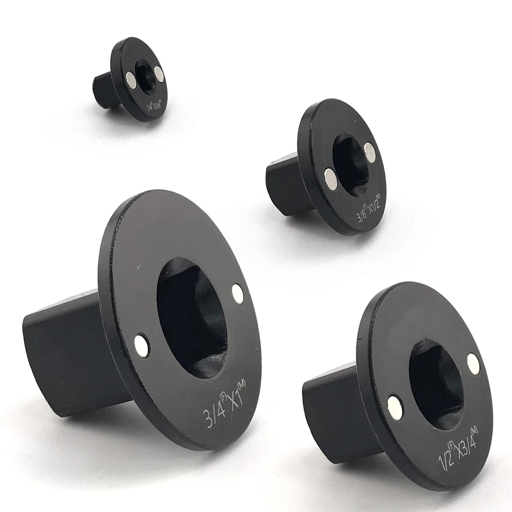 A set of four black low-profile impact socket adapters with various sizes and configurations.