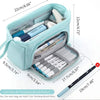 Light blue canvas pencil case showing various pens and pencils inside