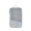 A light blue stroller hanging diaper bag with a tan bear patch on the front.
