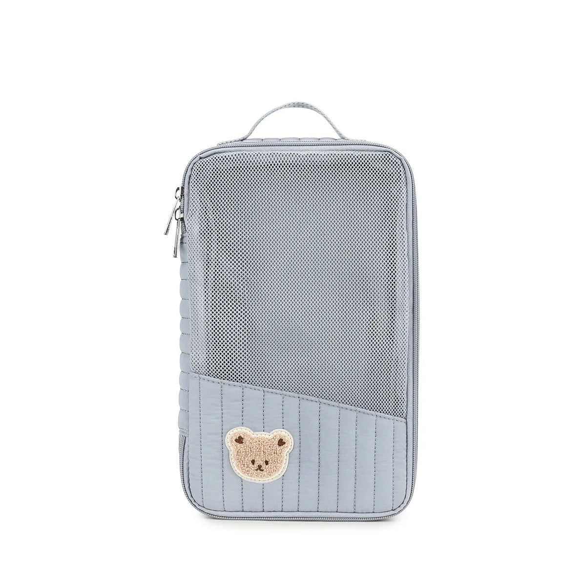 A light blue stroller hanging diaper bag with a tan bear patch on the front.