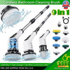 Cordless bathroom cleaning brush set featuring a handle and nine interchangeable brush heads for scrubbing.