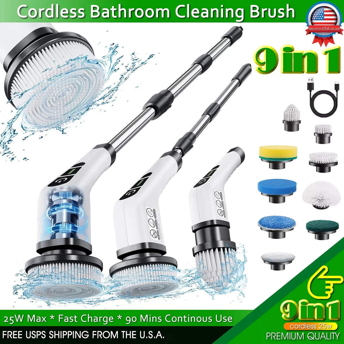Cordless bathroom cleaning brush set featuring a handle and nine interchangeable brush heads for scrubbing.