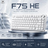 White F75 HE magnetic switch mechanical keyboard with a silver base and surrounding text highlighting features like hall effe