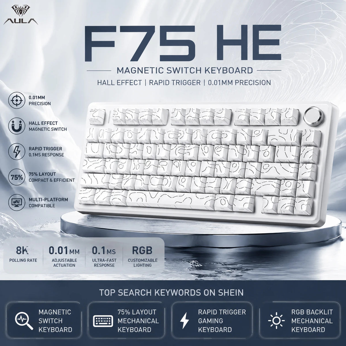 White F75 HE magnetic switch mechanical keyboard with a silver base and surrounding text highlighting features like hall effe