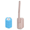 A pink wall-mounted disposable toilet brush set with a blue replaceable head.