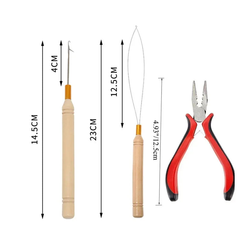 Complete hair extension installation kit featuring a needle tool and silicone-lined micro rings.