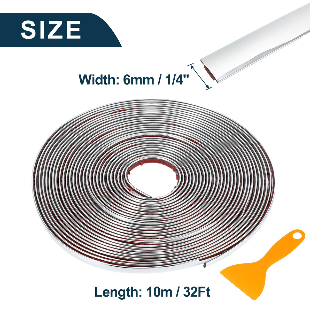Roll of chrome car door edge guard trim strip with a 6mm width and 10 meter length