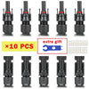 A set of ten black solar panel connectors for PV cable installation.