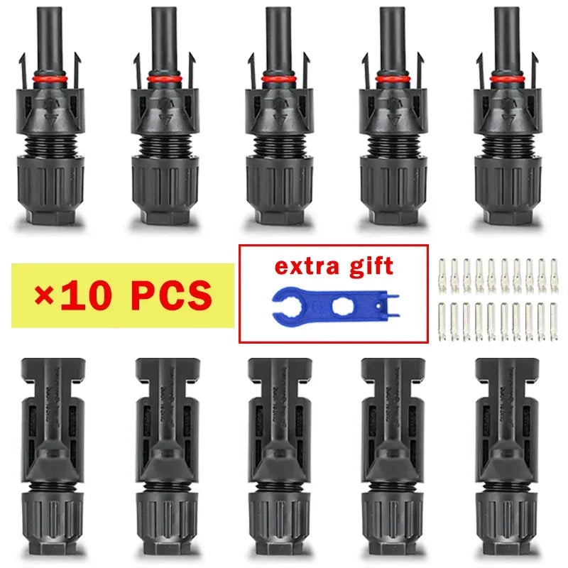 A set of ten black solar panel connectors for PV cable installation.