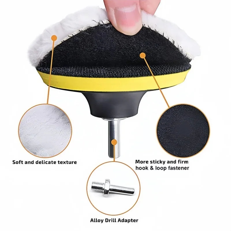 A set of wool car polishing pads with backing pads and an alloy drill adapter shown with various features.