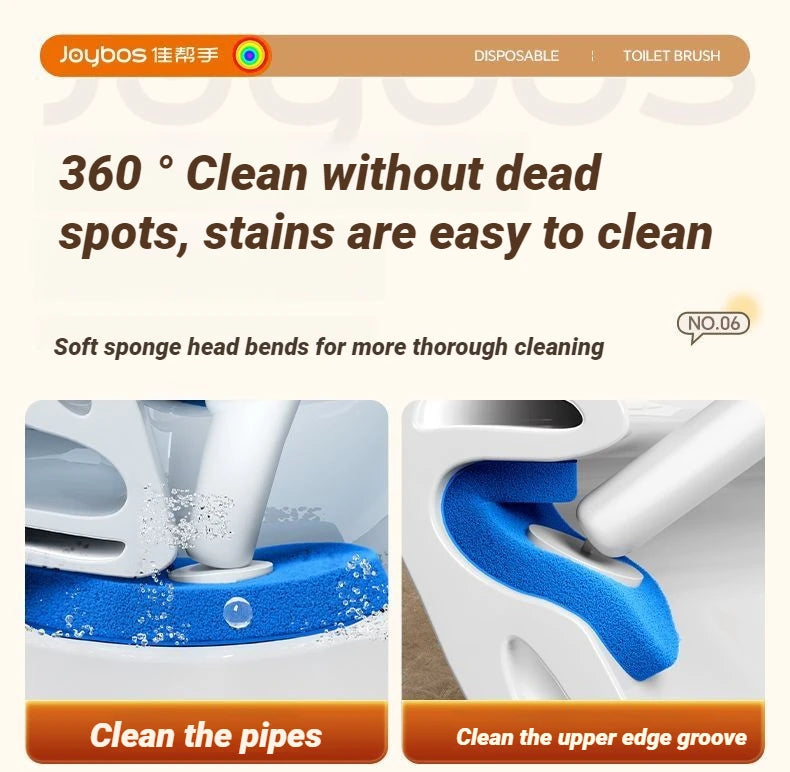 Close-up of a wall-mounted disposable toilet brush set showing the sponge head cleaning pipes and an upper edge groove.