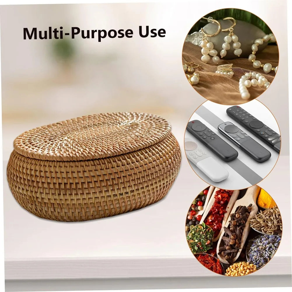 Handwoven rattan storage basket with lid shown next to decorative pearl jewelry and various dried foods
