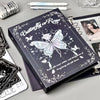 A dark photo album featuring a butterfly design, used for storing K-Pop cards and memories.