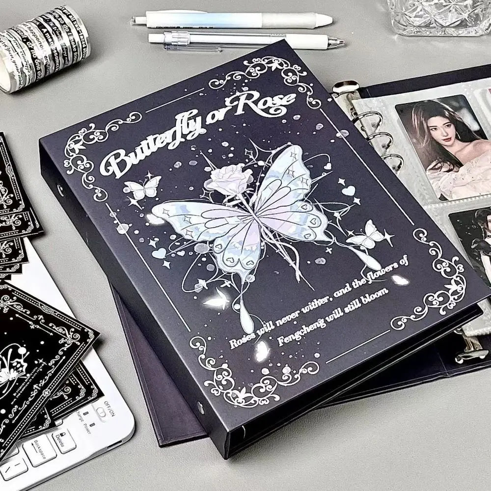A dark photo album featuring a butterfly design, used for storing K-Pop cards and memories.