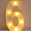A glowing six letter night light illuminating a white wall.