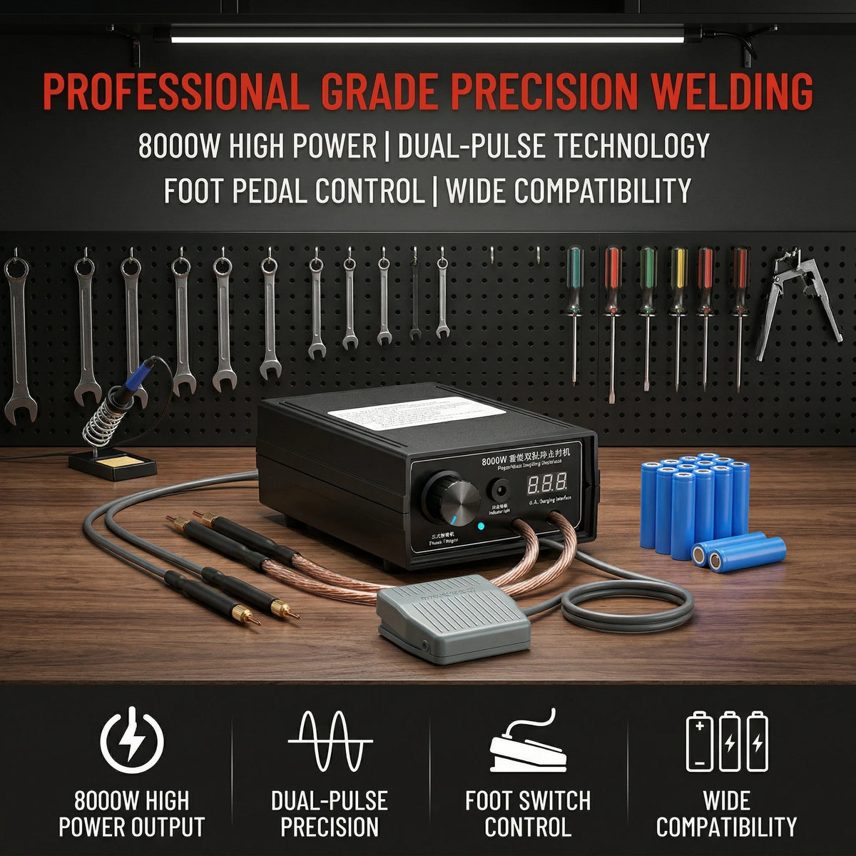 A professional grade precision welding machine with a power supply, cables, and foot pedal control is displayed on a wooden s